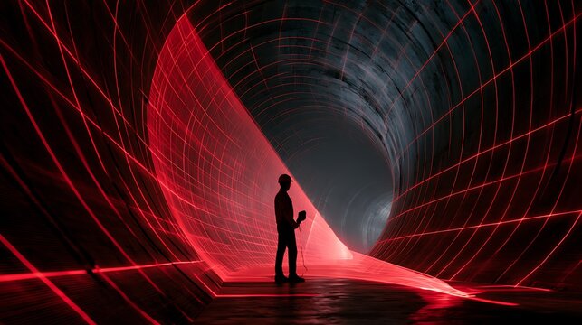 1018. A photorealistic image of a technician inside a dark hyperloop tunnel holding a thermal laser scanner. Bright red laser grid lines washing over the curved steel walls, depth perspective, 