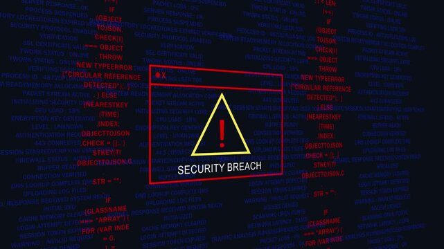Cybersecurity breach warning alert: digital system error and cyber attack concept with red warning and programming code background
