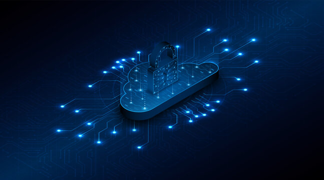 The padlock is located on the cloud. Cloud data storage technology is protected. The concept of cloud computing and large data center security technology.