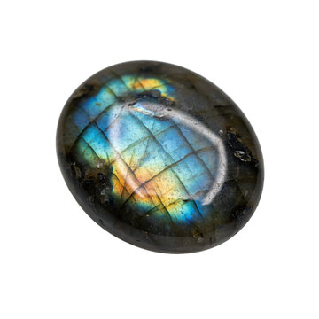 Polished oval labradorite gemstone showing iridescent blue and gold labradorescence isolated on a transparent background