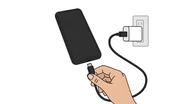 Smartphone charging illustration, hand plugging in power cable, mobile phone with cord, electrical outlet concept, vector graphic