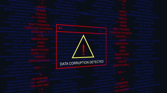 Data corruption detected warning alert on digital screen with scrolling programming code background error