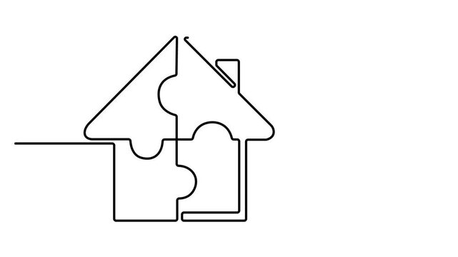 Self drawing line animation modular house puzzle construction continuous one single line drawn concept video. Full length single line animation 4k video