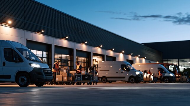 Couriers preparing last mile deliveries at urban depot with vans and carts in evening light