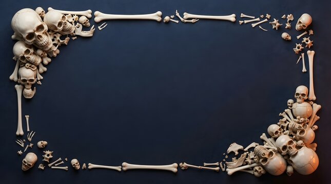 A stark rectangular frame composed of human skulls and various bones against a deep dark background