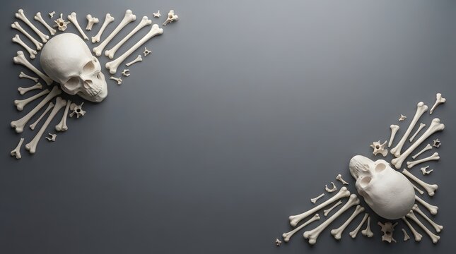 Two human skulls and various scattered bones arranged artistically on a clean matte dark grey background