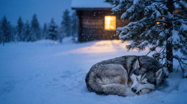 Sleeping husky dog curled up in snow near pine tree with cozy cabin light glowing in snowy winter forest