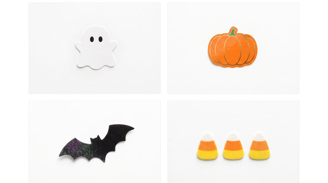 Four minimalist Halloween-themed icons in a clean 2x2 grid on a white background featuring a ghost, jack-o'-lantern, bat, and candy corn pieces