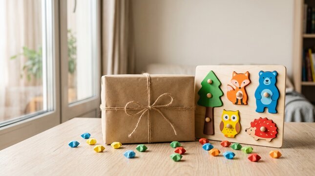 Wooden animal puzzle and gift box on a table with colorful geometric shapes scattered around