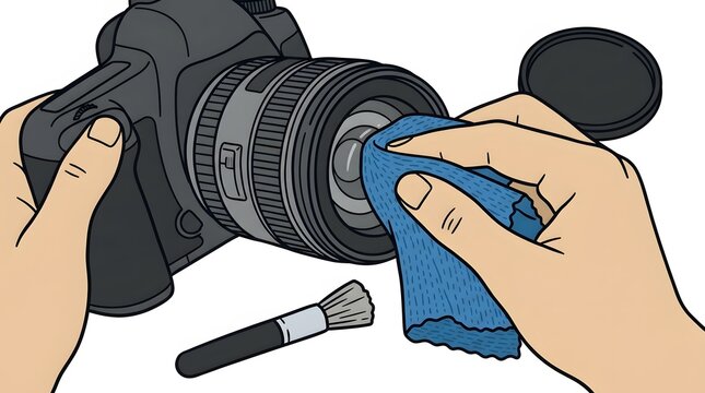 Camera lens cleaning illustration. Hands using blue cloth and brush to wipe dust off DSLR glass optic, maintenance care and cleaning tutorial vector
