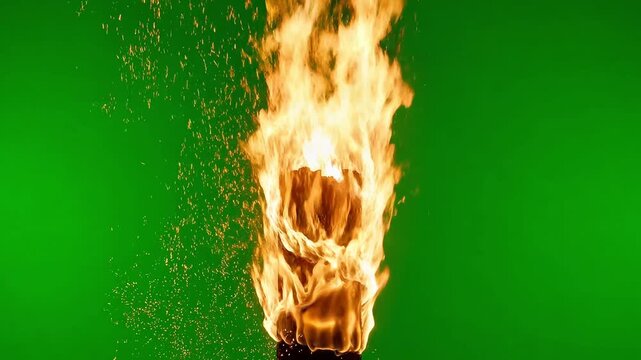 Green screen of wood piece burning and fire
