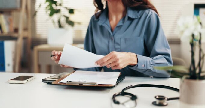 Doctor, hands and writing prescription for patient healthcare, help and sick letter in clinic. Paper, consultation or woman with note in hospital for referral, dose instruction or medical certificate