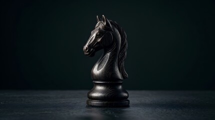 Naklejka premium Black chess knight piece standing on dark textured background representing strategy