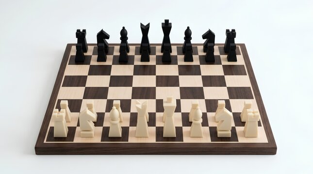 Classic wooden chessboard with minimalist black and white pieces ready for game play