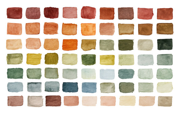 Color Swatch Set With Watercolor Blocks, Mixed Pastels And Earth Tones, Paint Sample Squares, Isolated On Transparent Background, Png