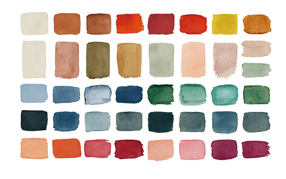 Colorful Watercolor Texture Squares Set, Abstract Paint Swatches With Soft Paper Grain, Isolated On Transparent Background, Png