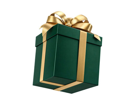 A beautifully wrapped emerald green gift box with a golden ribbon perfect for celebrations isolated on transparent background