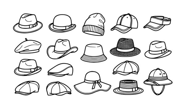 Fashion hats and caps doodle line icon collection with fedora bowler beret cowboy Panama and beanie