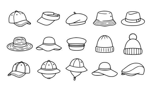 Fashion hats and caps doodle line icon collection with fedora bowler beret cowboy Panama and beanie