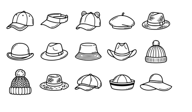 Fashion hats and caps doodle line icon collection with fedora bowler beret cowboy Panama and beanie