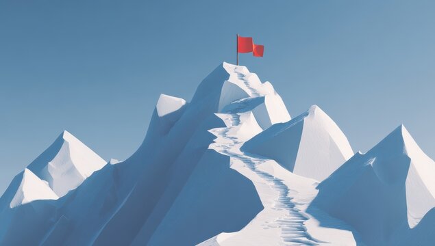 Snowy mountain peak with a red flag on top symbolizing successful achievement mountain achievement adventure ambition leadership business strategy motivation challenge performance