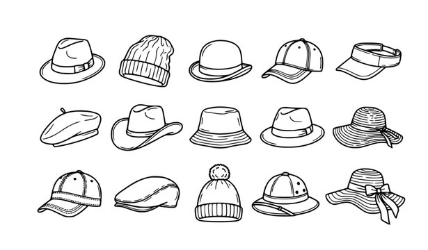 Fashion hats and caps doodle line icon collection with fedora bowler beret cowboy Panama and beanie