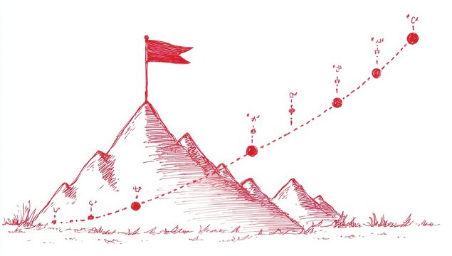 Abstract red ink mountain peak with upward trajectory and flag achievement icon mountain achievement business watercolor illustration minimalist strategy performance trajectory