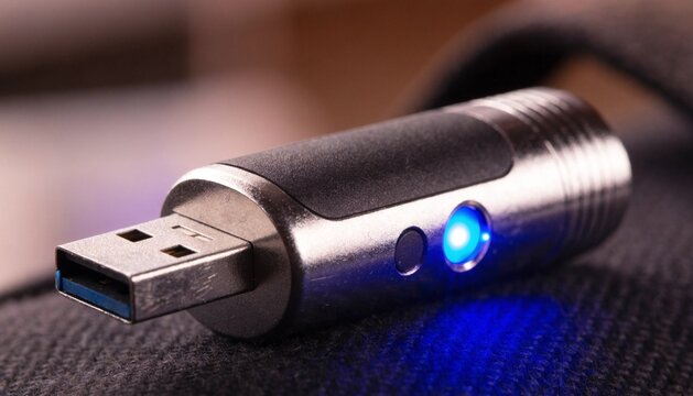 A macro shot of a hardware encryption USB dongle emitting a subtle pulsing blue verification light.  