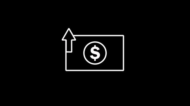 Cash value growth icon on black background. Dollar cash banknote with rising arrow. Money rising icon for representing inflation, successful financial growth, economic and dollar value concepts