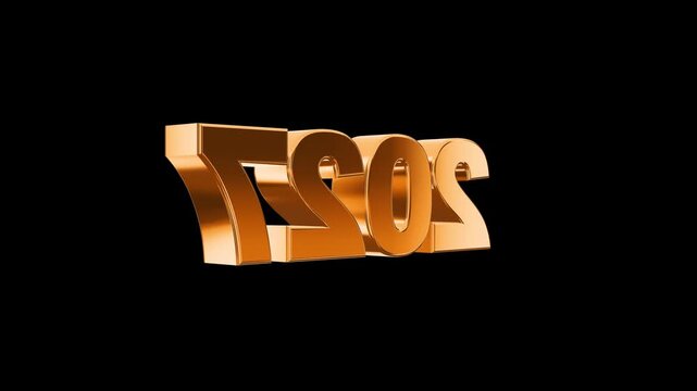 Gold 2027 numerals spinning on black background, metallic extruded typography with beveled edges, three full rotations, seamless looping New Year motion graphic overlay