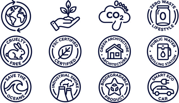 Ecology and sustainability badge line icon set featuring zero waste cruelty free green architecture biodegradable and smart eco car elements