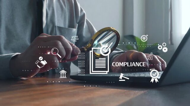 Business professional reviews compliance requirements with magnifying glass and laptop, illustrating audit, regulation, governance, risk control, legal policy, quality standards and accountability.