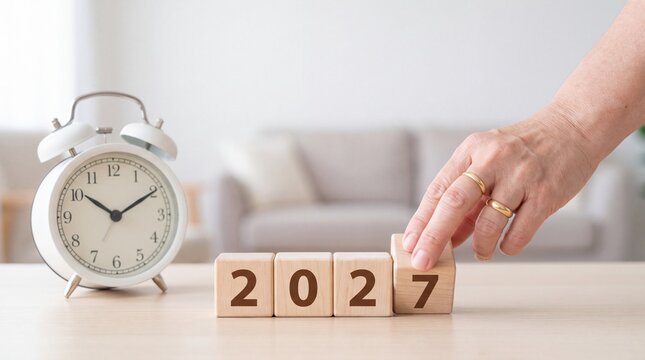 Hand places final block, completing the year 2027 next to a retro alarm clock