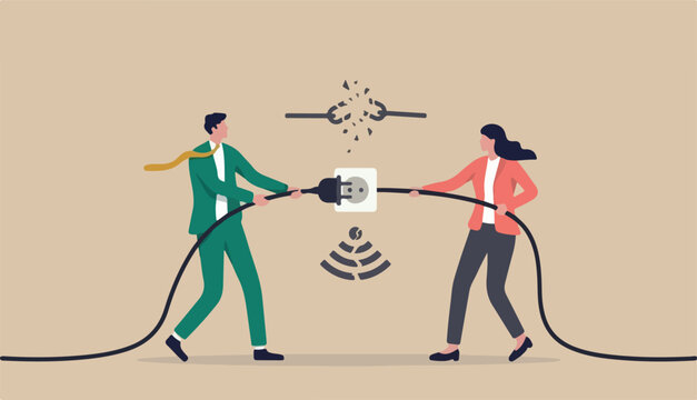 Disconnected or business, broken communication, 404 or disconnect from social media distraction monitor screen, young man and young adult woman pull electric socket plug disconnect from internet (5)