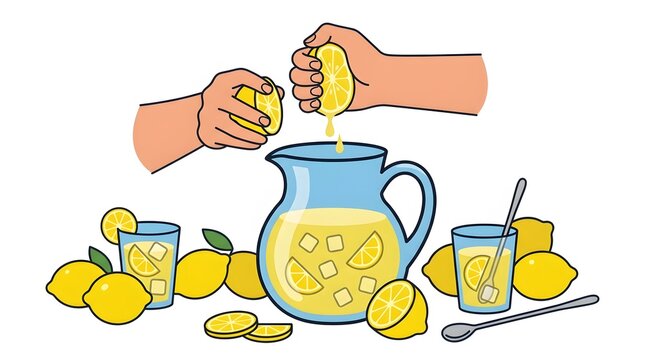 Fresh lemonade illustration, hands squeezing yellow lemons into blue pitcher, refreshing summer drink with ice and glasses