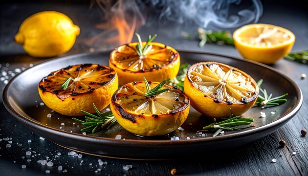 Four charred lemon halves sit on a dark plate with fresh herbs and seasoning. Smoke rises from the hot citrus as it looks ready for serving. This scene captures a cooking moment