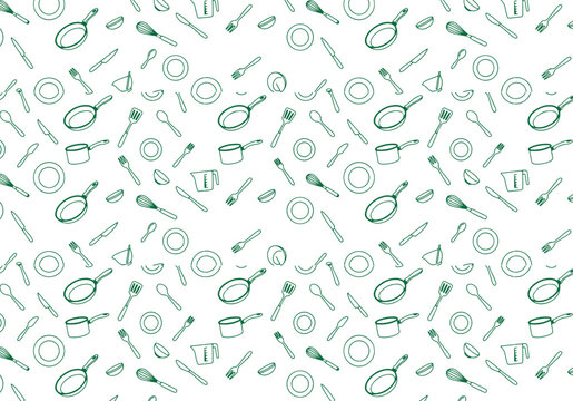 Seamless pattern with hand drawn kitchen utensils and cookware isolated on white background