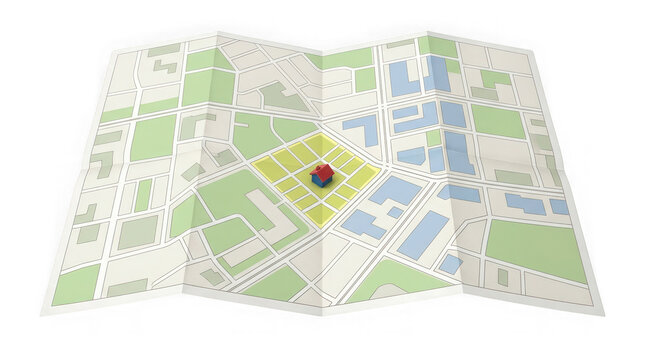 Folded paper city map with central neighborhood highlighted and miniature house icon for real estate development and property location planning projects.
