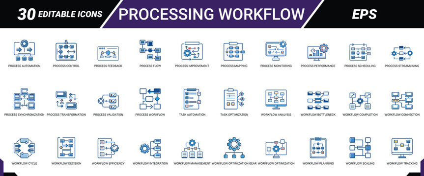 Processing workflow icons set with blue and orange elements for system management operations.