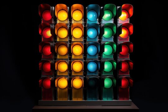 Traffic lights forming grid with glowing red, yellow, green, and blue stoplights