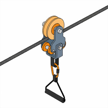 Illustration of a pulley system with rope and hook for lifting.