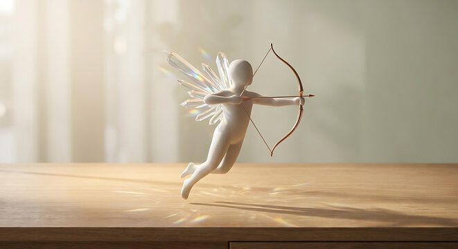 Small cupid angel figurine with a bow on a wooden table