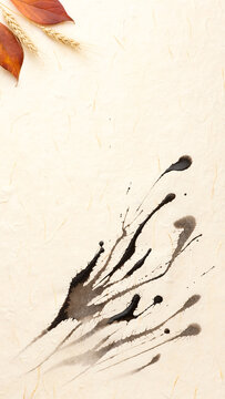 紅葉と麦の穂と墨の飛沫 和紙テクスチャ背景素材 水墨画・秋・収穫・上品な和モダンコピースペース（縦）