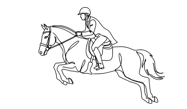 Continuous line drawing of equestrian horse rider jumping in competition vector