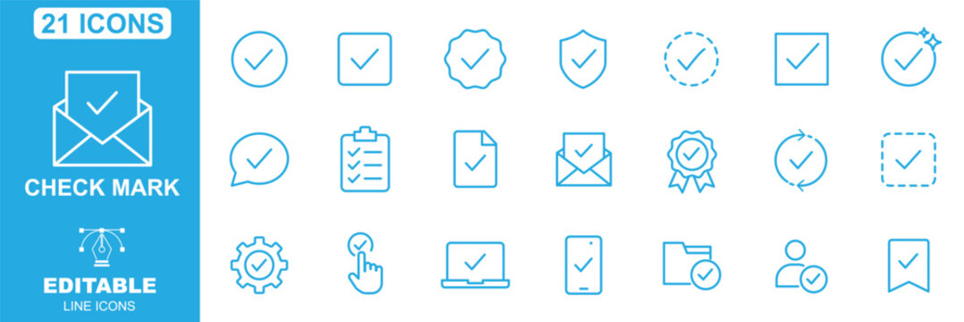 Checkmark icon set. Approval icons in line style. Editable web icons for agreement, vote, confirmation, choise, validation, completed tasks and verified status. Vector illustration.
