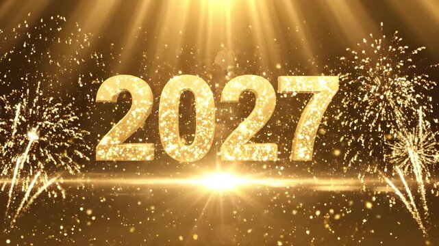 2027 glowing gold light streak wrapping around sparkling glitter text with top light beams and fireworks, for luxury holiday announcements
