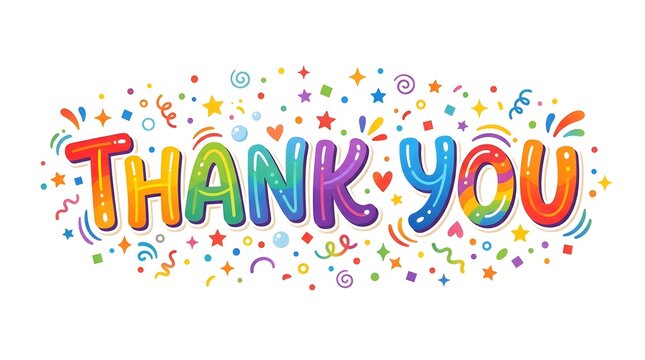 Colorful Thank You text sign with party confetti and festive decorative elements