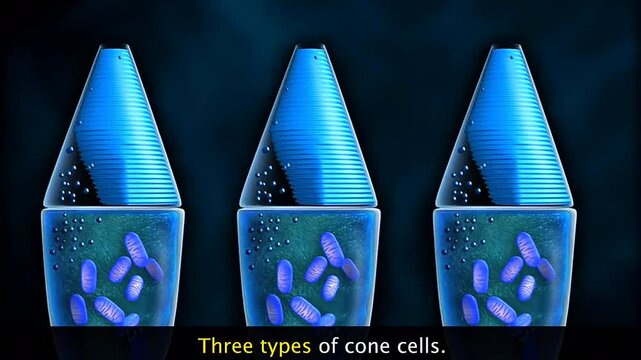Three retinal cone types showing sensitivity to short, medium and long wavelengths for color vision.