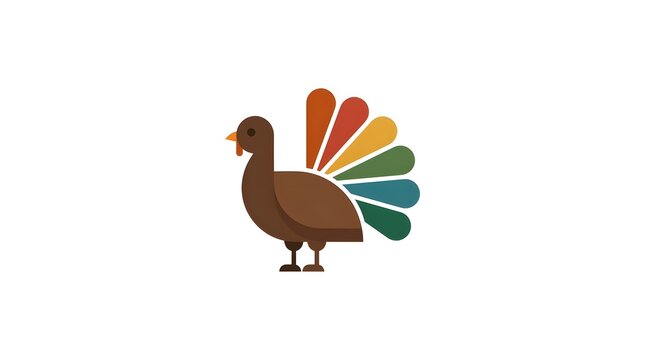 Flat minimalist vector illustration of a stylized turkey with a colorful fan-shaped tail