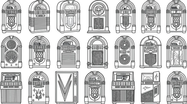 Vintage Jukebox Line Icon Vector Set with Retro Music Player Symbols for Nostalgic Graphic Designs Party Invitations and Entertainment Media Layouts